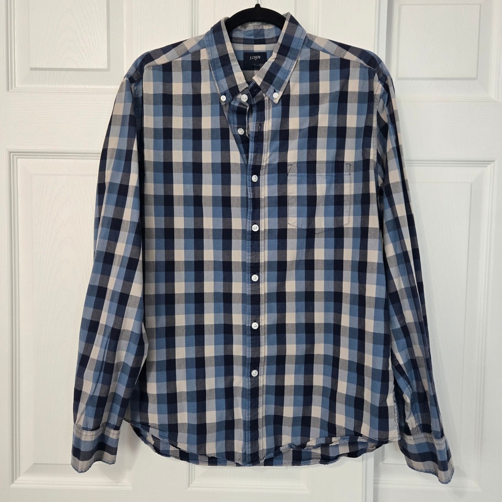 J.Crew Mens Blue Gingham Check Long Sleeve Button Down Shirt Cotton L